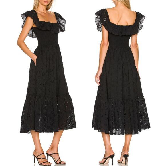 Tularosa Carlotta Eyelet Floral Midi Dress XS Black Smocked Ruffle Cottage FLAWS - Picture 1 of 13